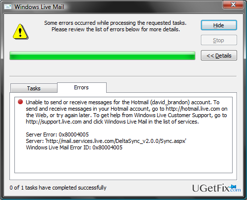 Windows Live Mail Error 0x8de00005